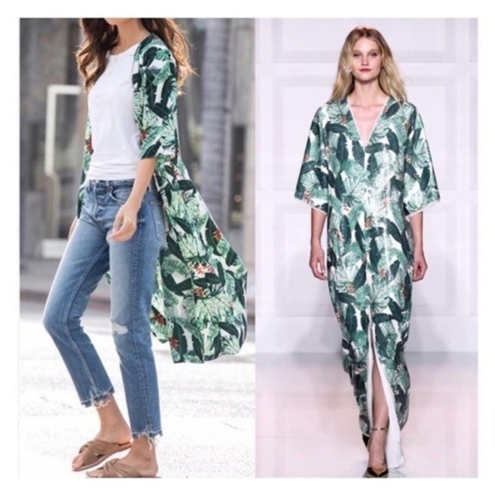 Rachel Zoe Tropical Leaf Caftan Cover Up One Size Green Resort Beach Midi
